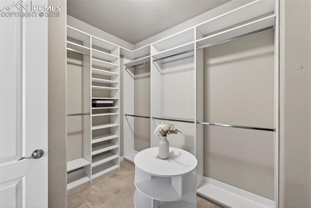 Image 26 of 34: Full bathroom with a walk in closet, double vanity, a shower stall, dark wo