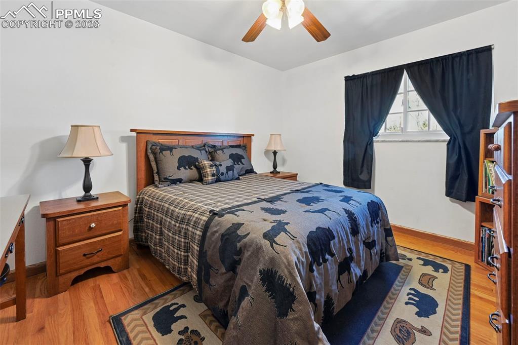Image 43 of 46: Bedroom featuring light wood finished floors and ceiling fan