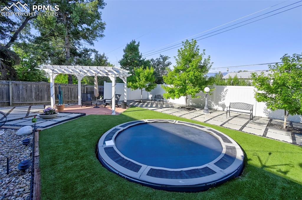 Image 6 of 46: Fenced backyard featuring a patio area and a pergola