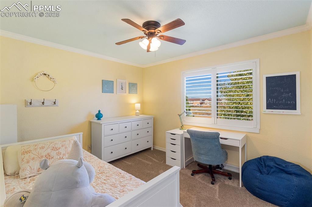 Image 26 of 46: Bedroom featuring carpet flooring, ornamental molding, ceiling fan, and an 