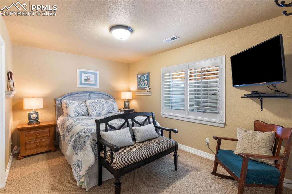 Image 33 of 46: Bedroom with light carpet, a textured wall, and a textured ceiling