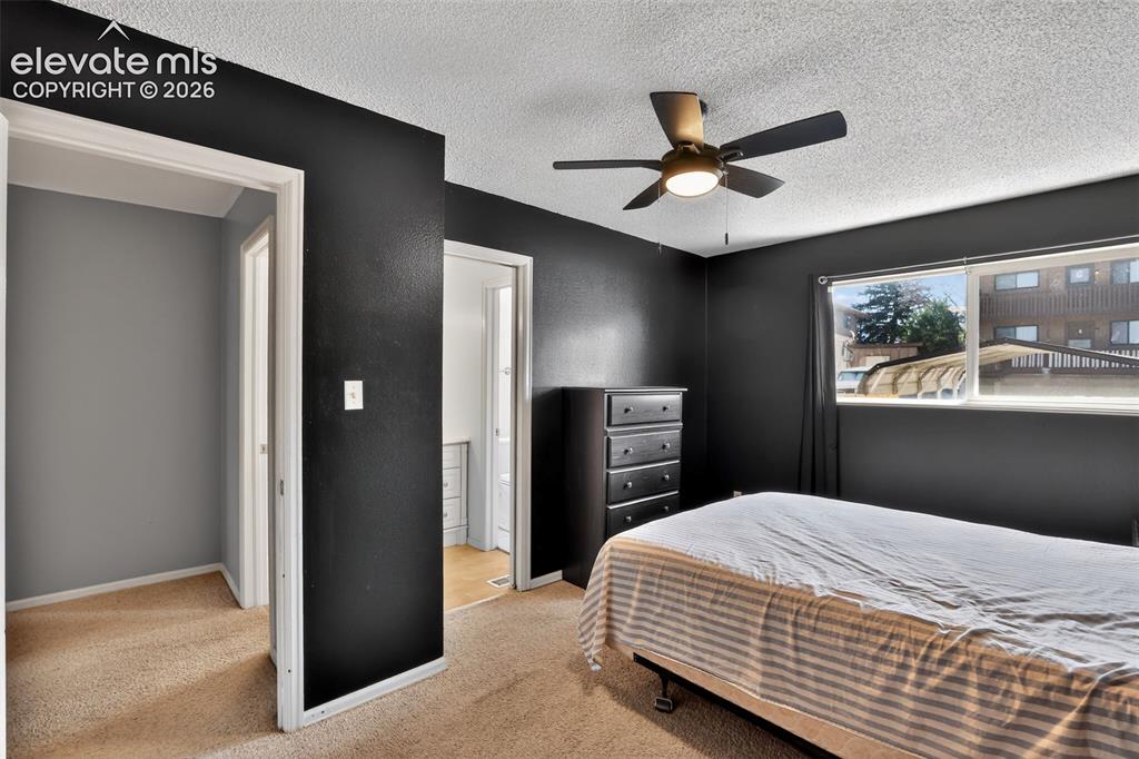Image 13 of 28: Bedroom featuring dark-painted walls and light-toned carpet flooring