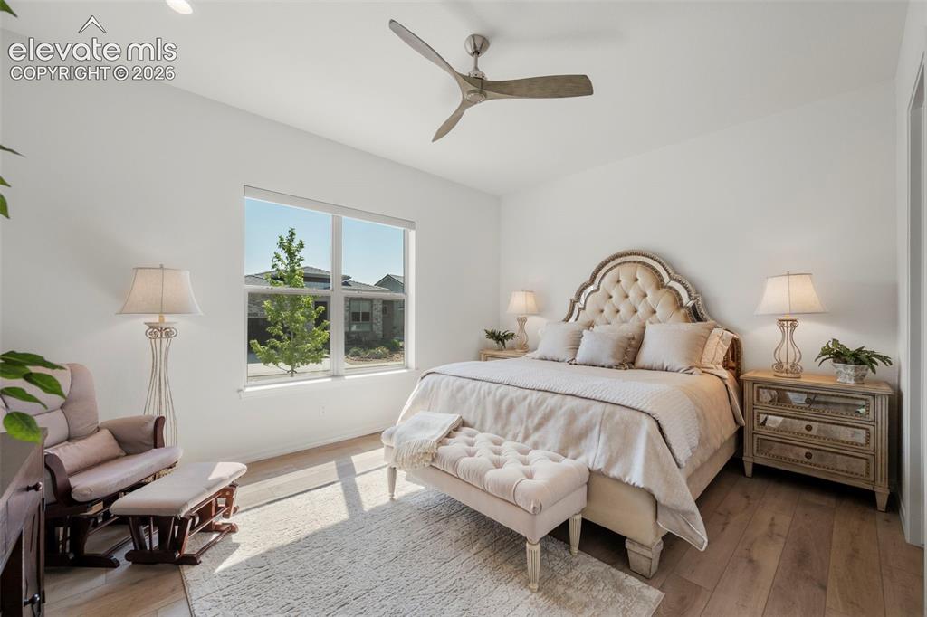 Image 24 of 50: Bright interior with beautiful flooring, a contemporary ceiling fan, and a 