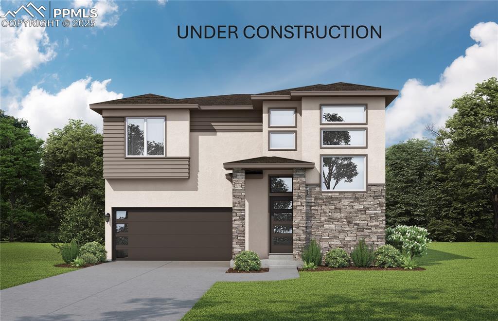 Caption: View of front of property with a front lawn, a shingled roof, concrete driveway, a garage, and stucc