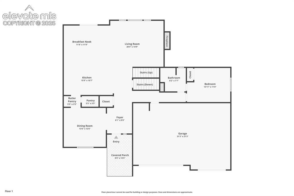 Image 46 of 49: Main level floor plan (room dimensions approximate)