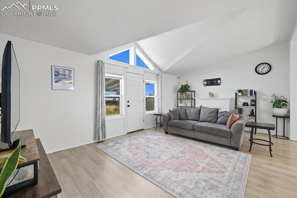Image 13 of 45: Living room featuring light wood finished floors and high vaulted ceiling