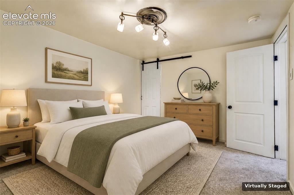 Image 45 of 50: Bedroom featuring a multi-light directional ceiling fixture, sliding barn d