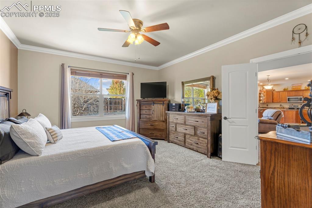 Image 17 of 41: Carpeted bedroom with crown molding and a ceiling fan