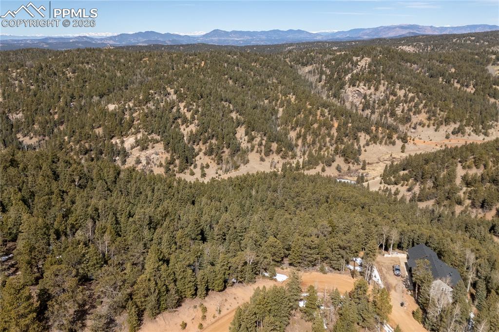 Image 15 of 24: Drone / aerial view of a mountain backdrop and a heavily wooded area