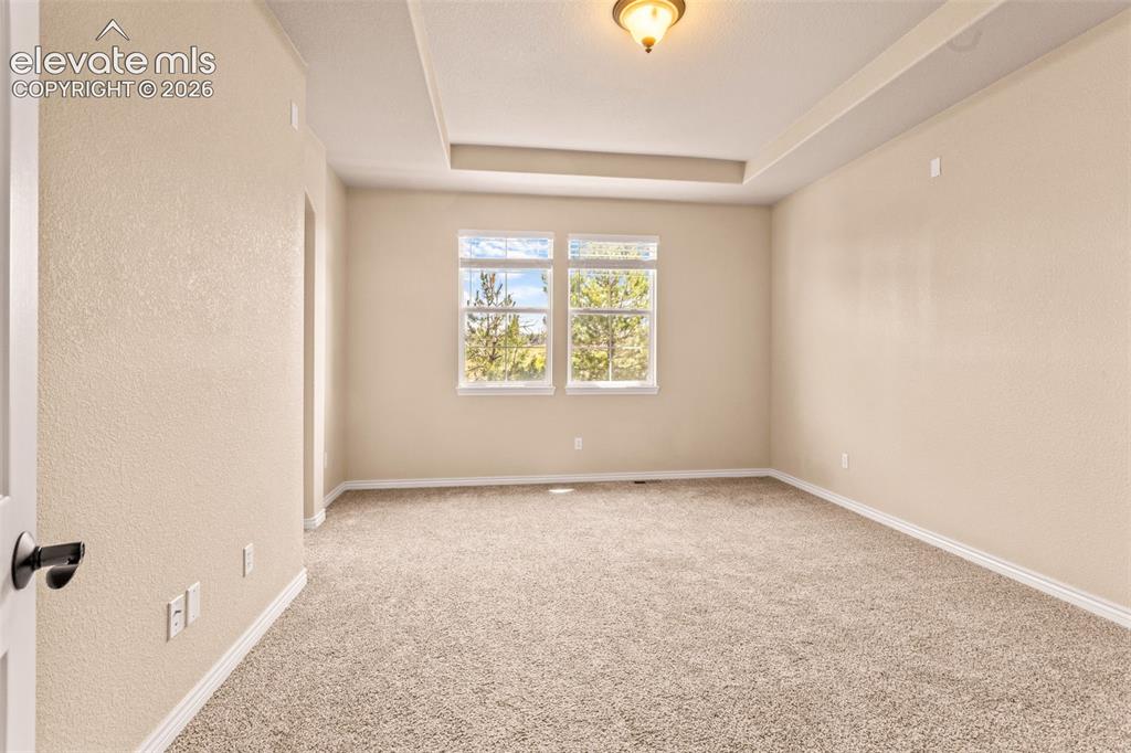 Image 13 of 26: Spacious room featuring neutral carpeting, light-toned walls, and a tray ce