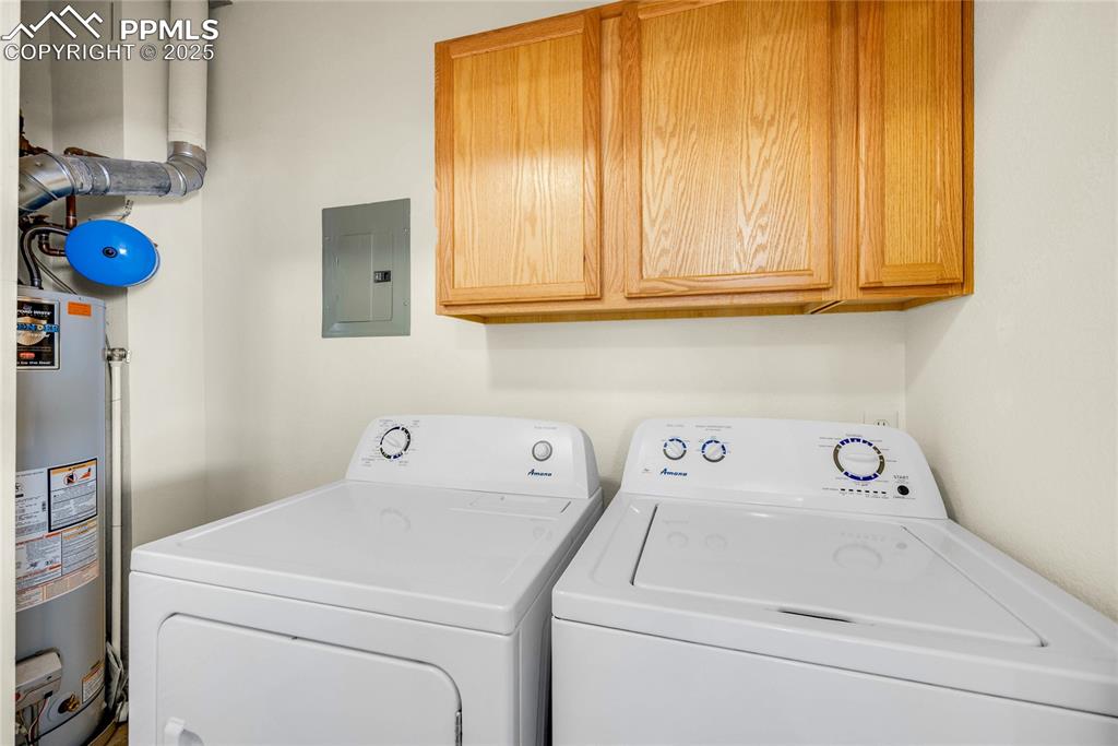 Image 11 of 37: Laundry area with water heater, electric panel, cabinet space, and independ