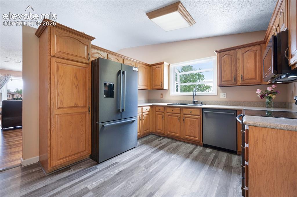 Image 12 of 50: Kitchen featuring appliances with stainless steel finishes, a sink, light w