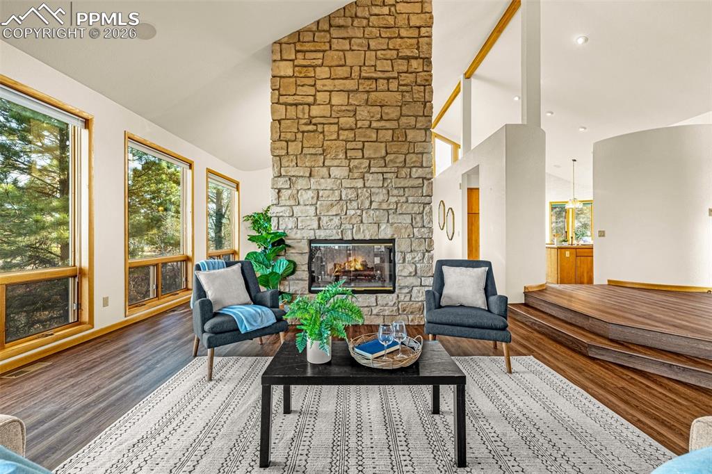 Image 10 of 47: Living area with a fireplace, plenty of natural light, vaulted ceiling, and