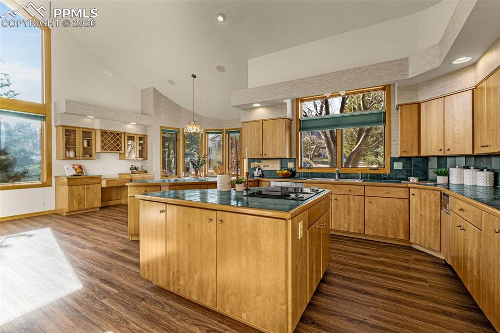 Image 12 of 47: Kitchen featuring a kitchen island, decorative backsplash, dark wood finish