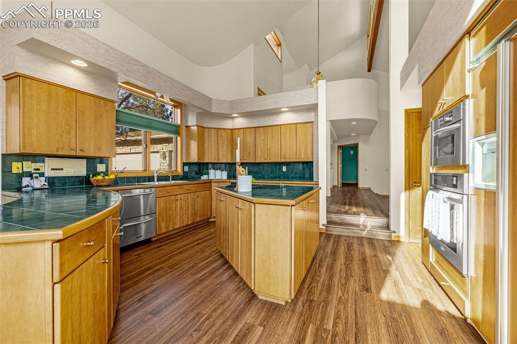 Image 16 of 47: Kitchen with backsplash, dark wood-style flooring, lofted ceiling, stainles