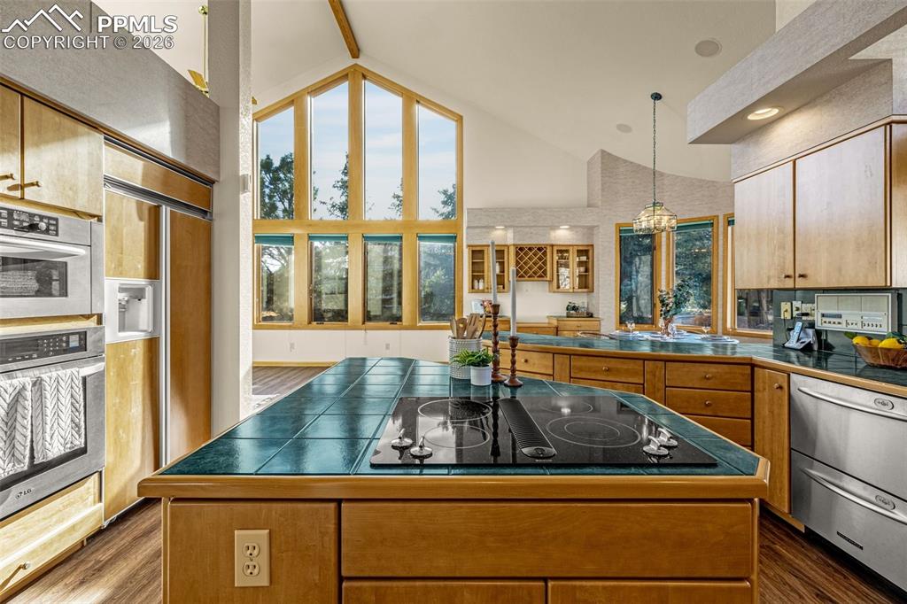 Image 19 of 47: Kitchen featuring a center island, stainless steel appliances, dark wood fi