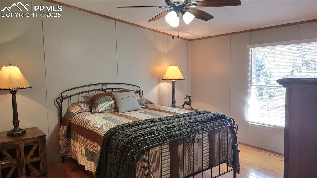 Image 16 of 42: Primary bedroom has plenty of space & solid walls for king-sized bed.