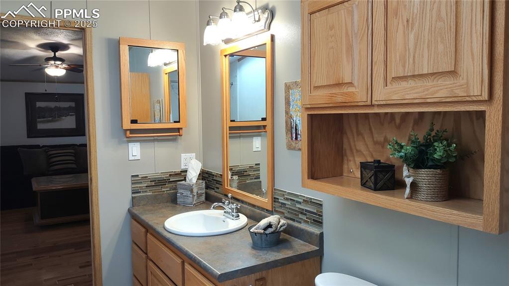 Image 25 of 42: Guest bath has custom cabinets and newer paint.