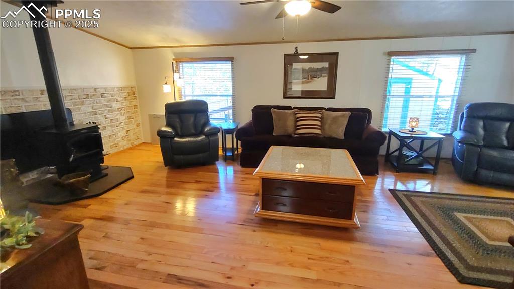 Image 9 of 42: Large family room looks into back yard. Convenient doggy door goes out to d