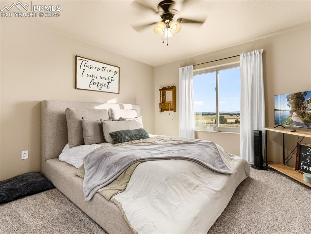 Image 21 of 41: Bedroom with carpet and a ceiling fan