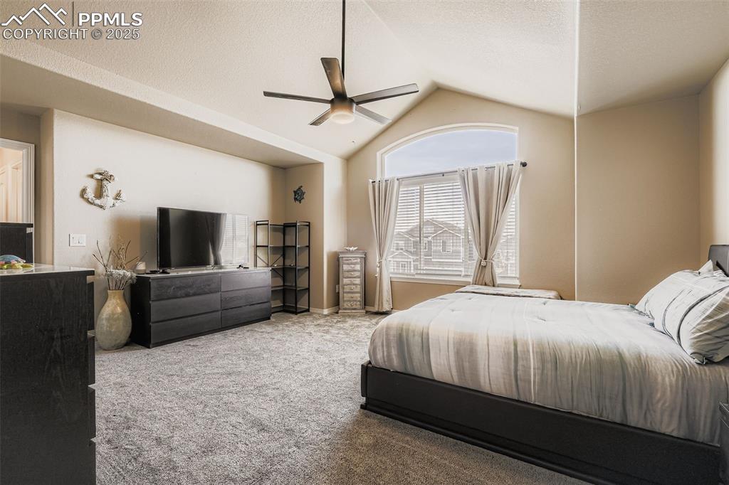 Image 14 of 35: Bedroom featuring carpet flooring, lofted ceiling, ceiling fan, and a textu