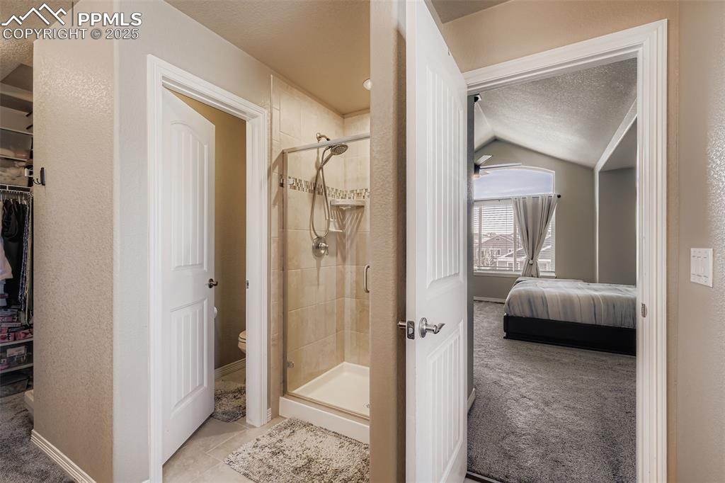 Image 17 of 35: Ensuite bathroom with carpet, a spacious closet, a textured ceiling, a show