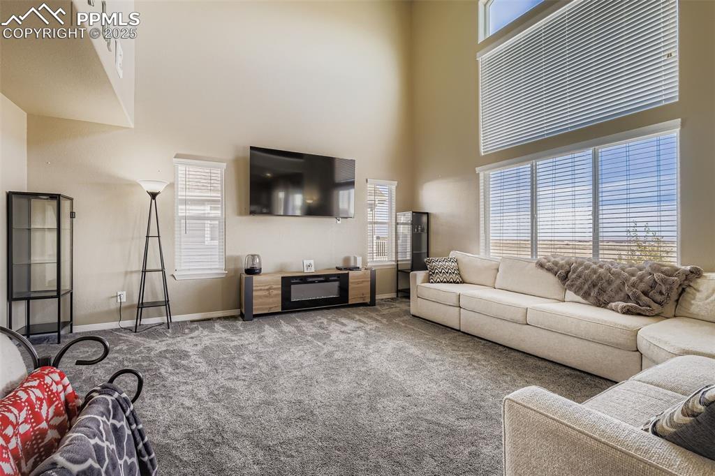 Image 6 of 35: Carpeted living room with a towering ceiling and plenty of natural light