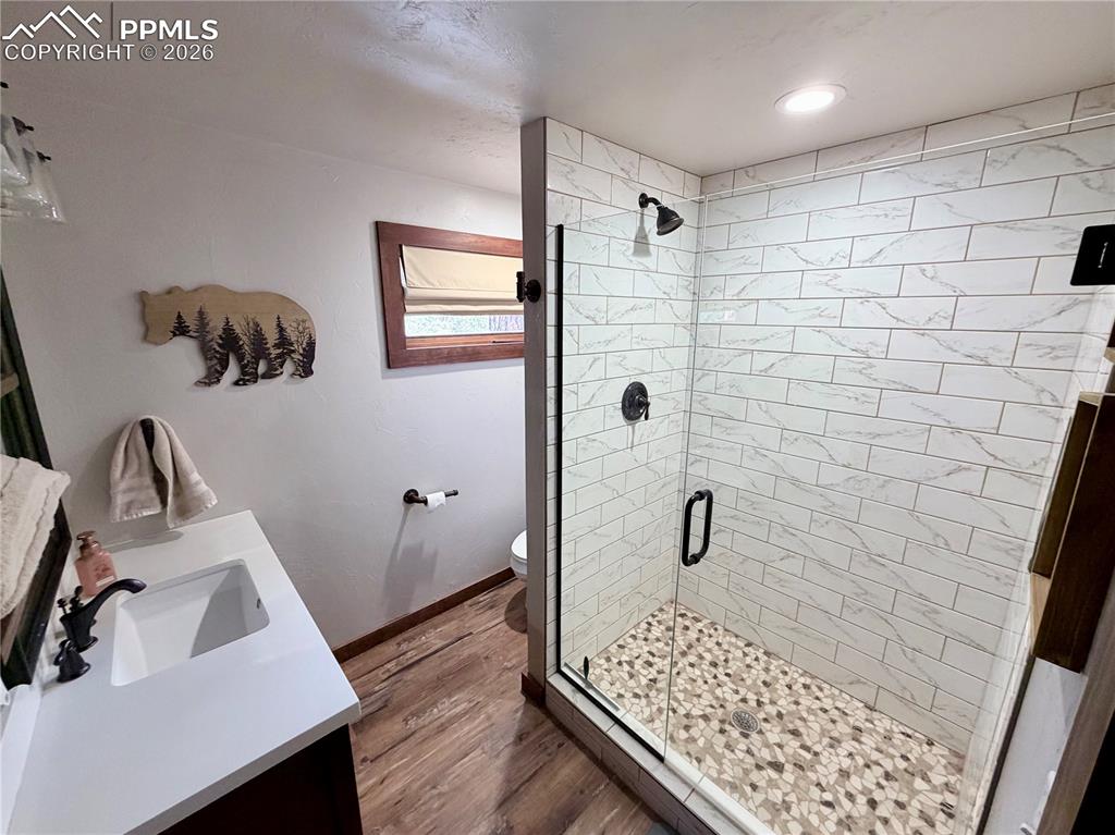 Image 9 of 20: Bathroom featuring vanity, a stall shower, and dark wood finished floors