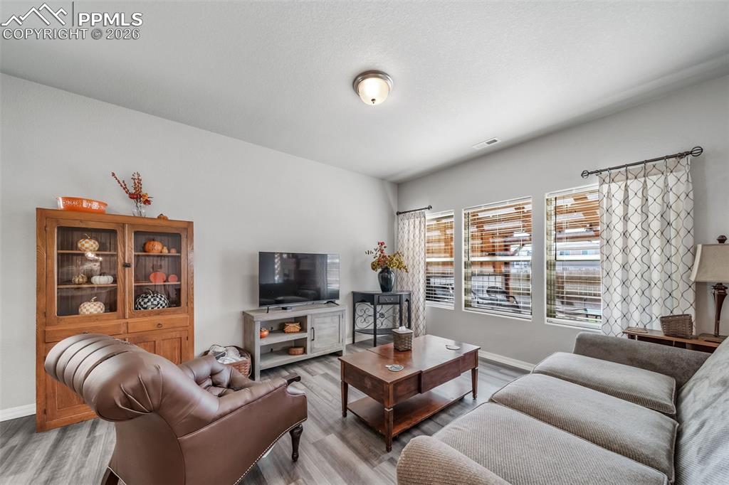 Image 14 of 45: Hard surface luxury vinal plank flooring in the living room and throughout 
