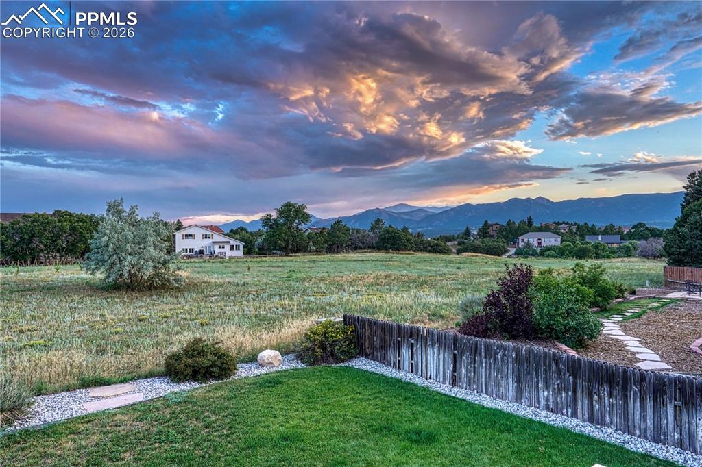 Image 2 of 44: Expansive backyard featuring a manicured lawn, stone pathway, and mature pl