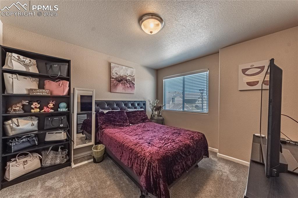 Image 18 of 33: Carpeted bedroom featuring a textured ceiling and a textured wall