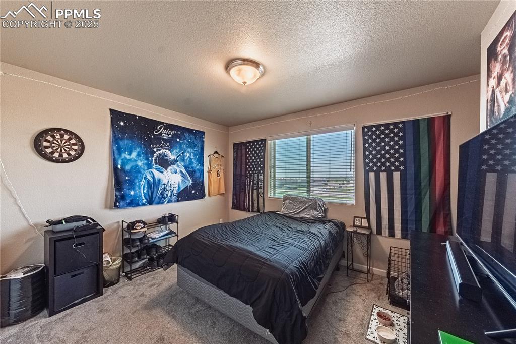 Image 24 of 33: Bedroom featuring carpet and a textured ceiling