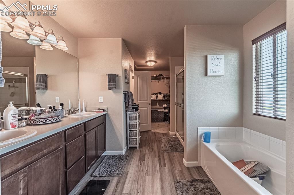 Image 31 of 33: Bathroom with wood finished floors, plenty of natural light, double vanity,