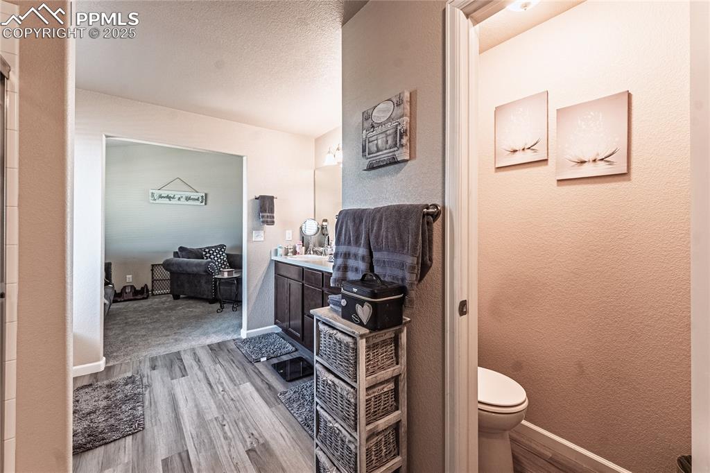 Image 32 of 33: Bathroom featuring a textured wall, vanity, wood finished floors, and a tex