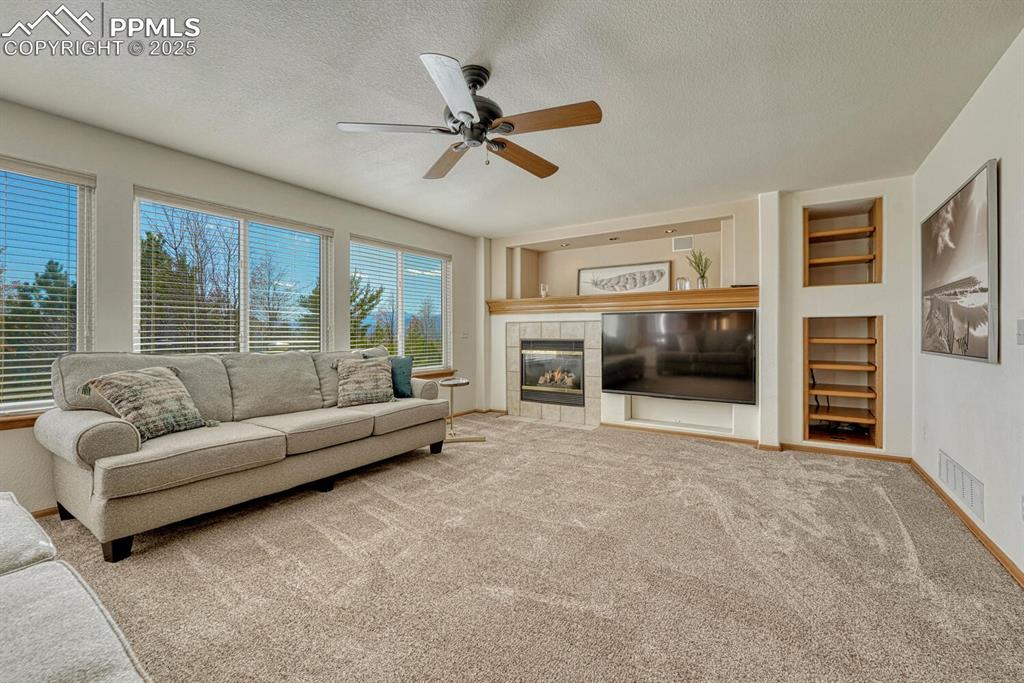 Image 19 of 50: Living room featuring built in shelves, a textured ceiling, carpet floors, 