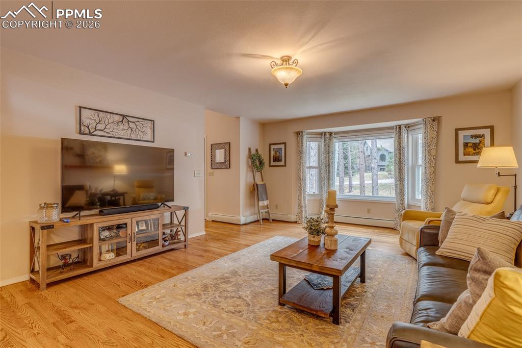 Image 21 of 50: Family room with double sided fireplace and bay window