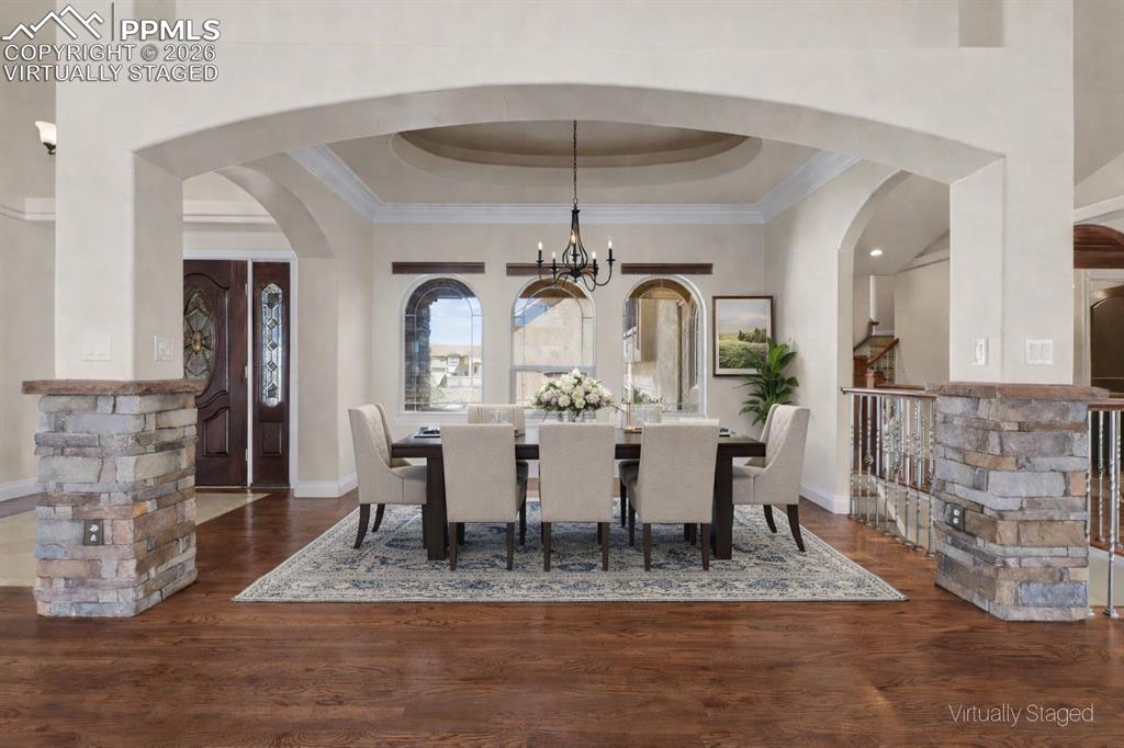 Image 8 of 50: Virtually Staged - Formal Dining with Wood and Marble Inlay