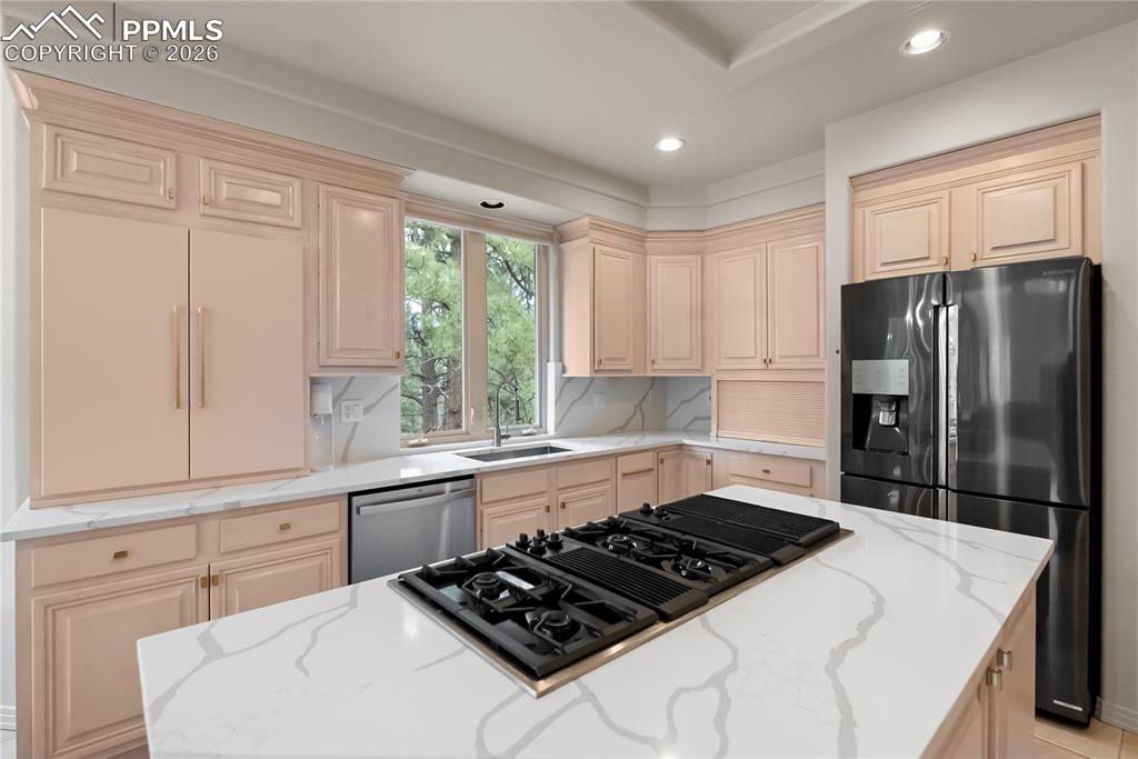 Image 12 of 40: Kitchen with quartz countertop, pantry, gas cooktop and docking drawer (cha
