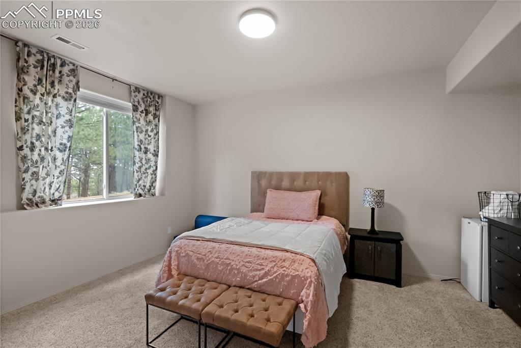 Image 32 of 40: Basement, fourth bedroom with attached 3/4 bathroom.