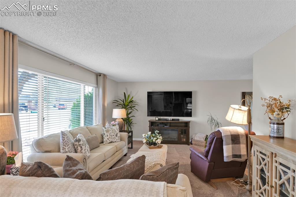 Image 16 of 41: Living room with carpet flooring and a textured ceiling