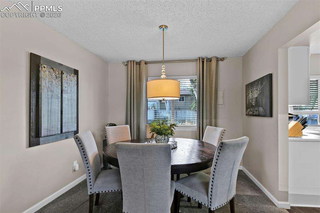 Image 18 of 41: Carpeted dining space featuring baseboards and a textured ceiling