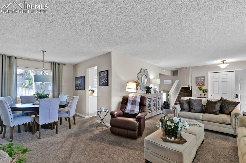 Image 24 of 41: Carpeted living room featuring a textured ceiling