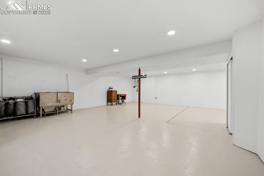 Image 28 of 39: Basement with recessed lighting and dog wash station