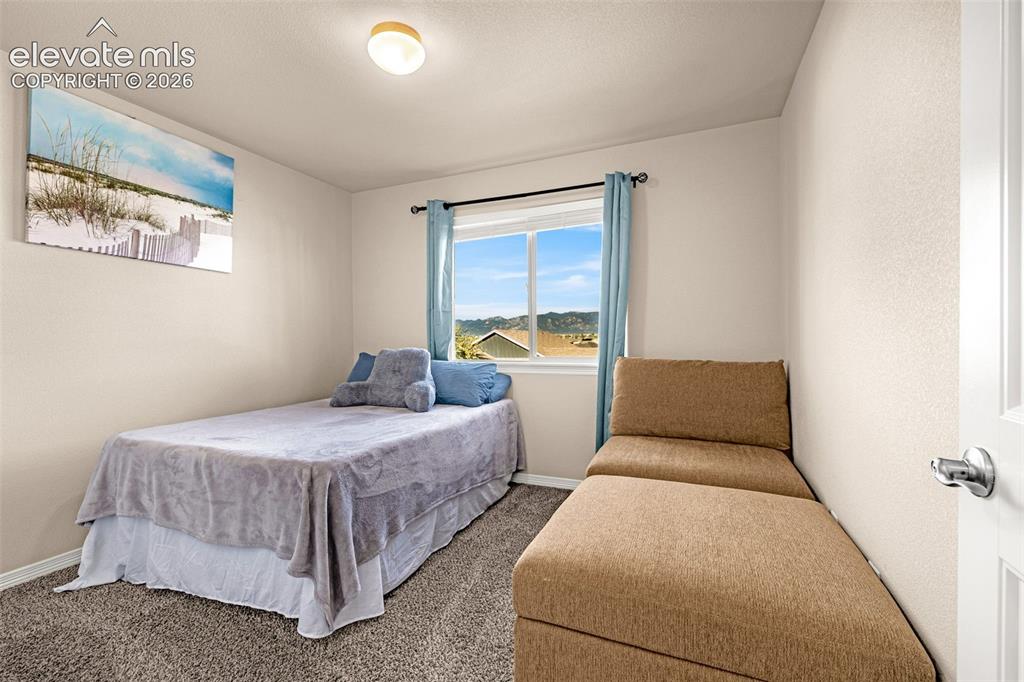 Image 24 of 45: Wall-to-wall carpeting and a single window with curtain rod