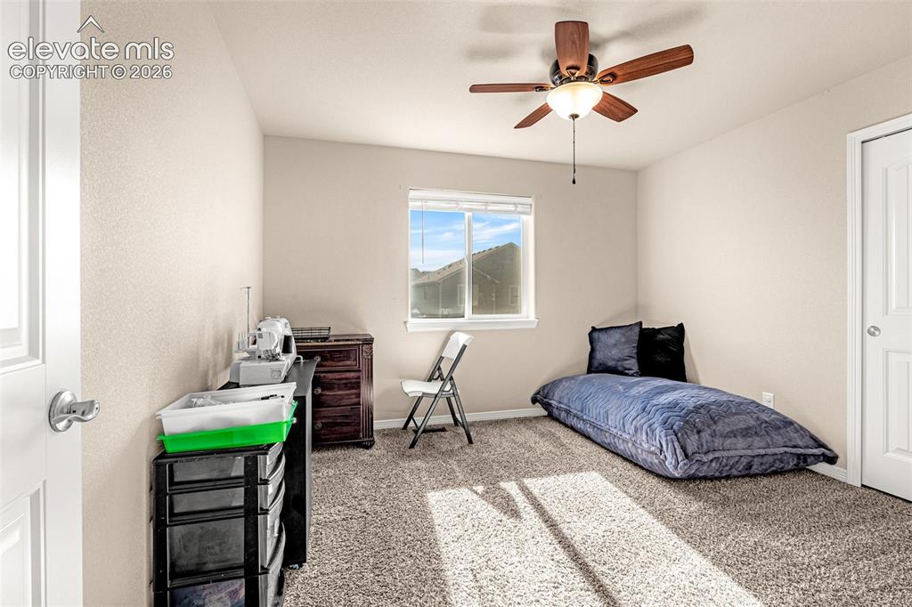 Image 26 of 45: Neutral wall paint, textured carpeting, a ceiling fan with light fixture, a