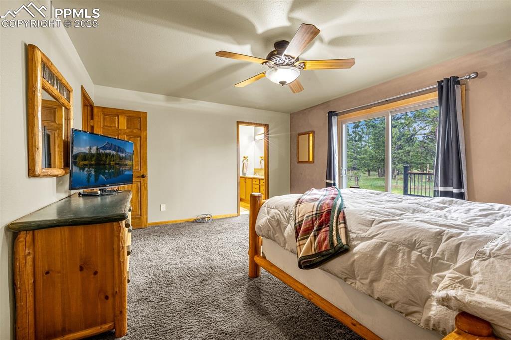 Image 11 of 36: Bedroom with light colored carpet, access to outside, ensuite bath, and a c