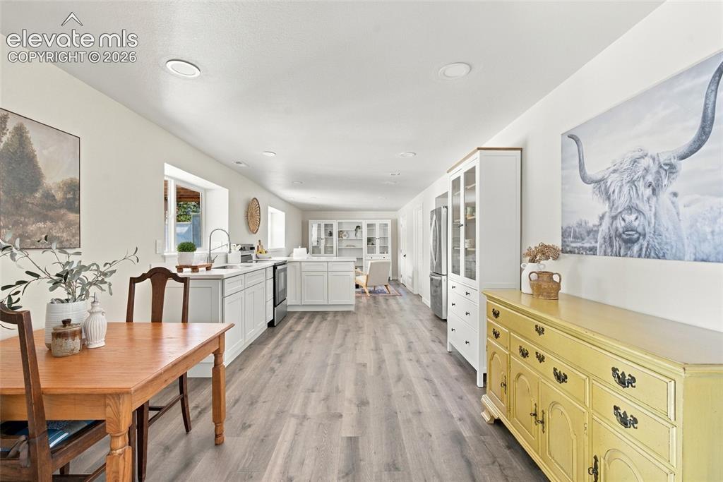 Image 20 of 37: Basement Open-concept second kitchen with white cabinetry, stainless steel