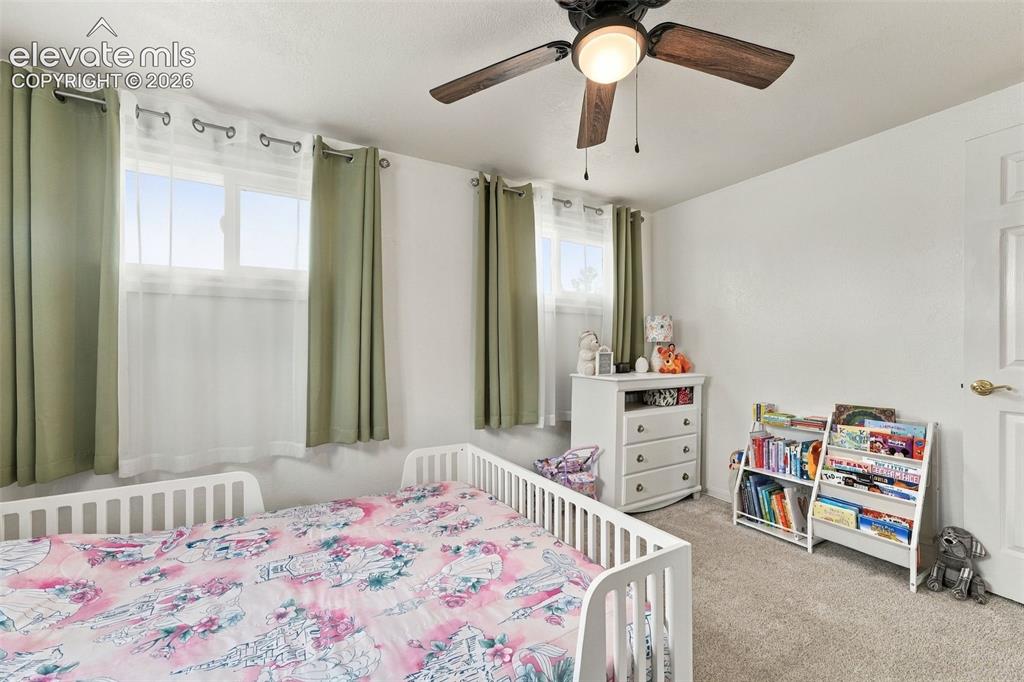 Image 12 of 48: Carpeted room with a ceiling fan, two windows, and a white paneled door