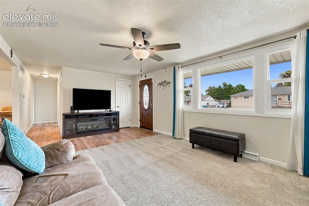 Image 9 of 48: Spacious living area featuring carpet and wood-finish flooring, a ceiling f