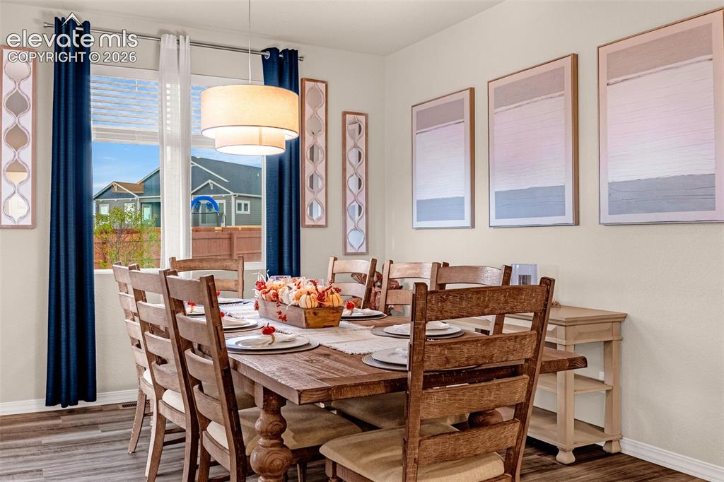 Image 12 of 40: Hardwood-style flooring, a large window, a tiered drum pendant light, and n